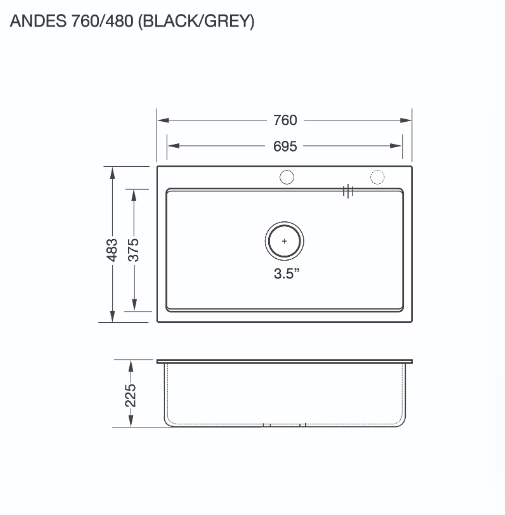 อ่างล้างจานหินแกรนิต รุ่น ANDES 760/480 BLACK